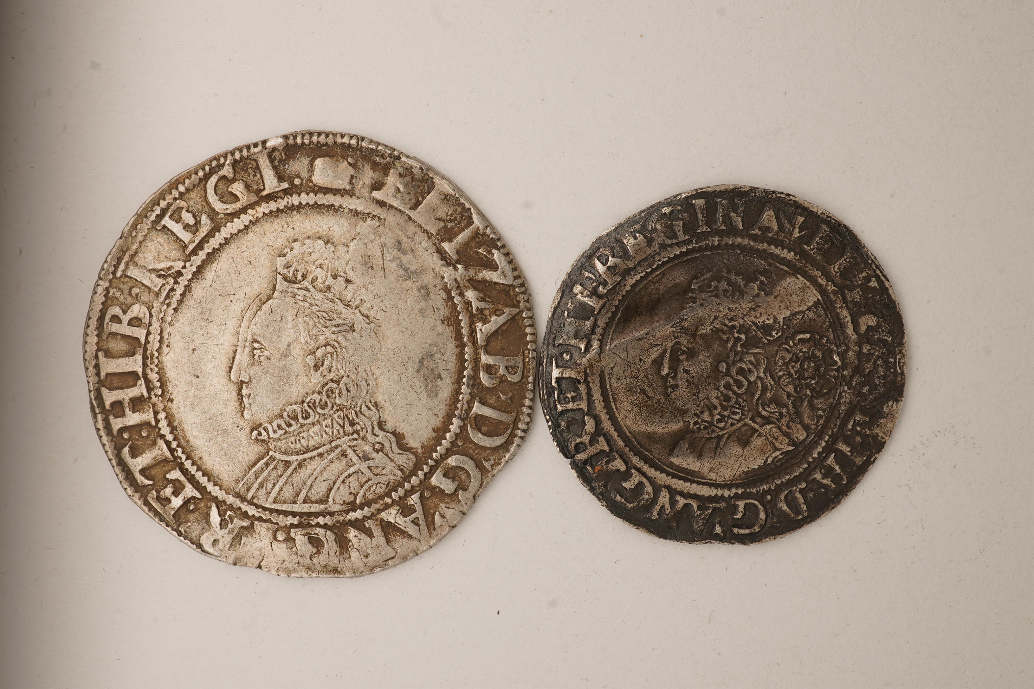 British hammered coins, Elizabeth I, silver shilling, sixth issue, mm. Woolpack, 1594-6, S. 2577, near fine, silver sixpence, S. 2561, creased about fine